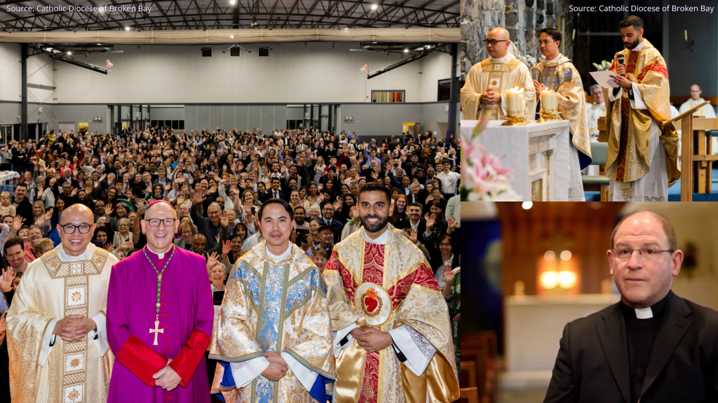 Newly ordained priests of Broken Bay posed with Archbishop Randazzo in front of a large crowd in celebration.