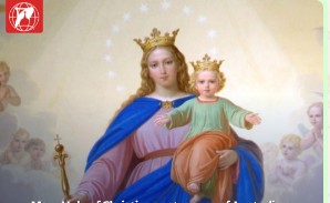 Our Lady Help of Christians wearing a crown with twelve stars in a halo around her head. She is holding the child Jesus who is also wearing a crown.