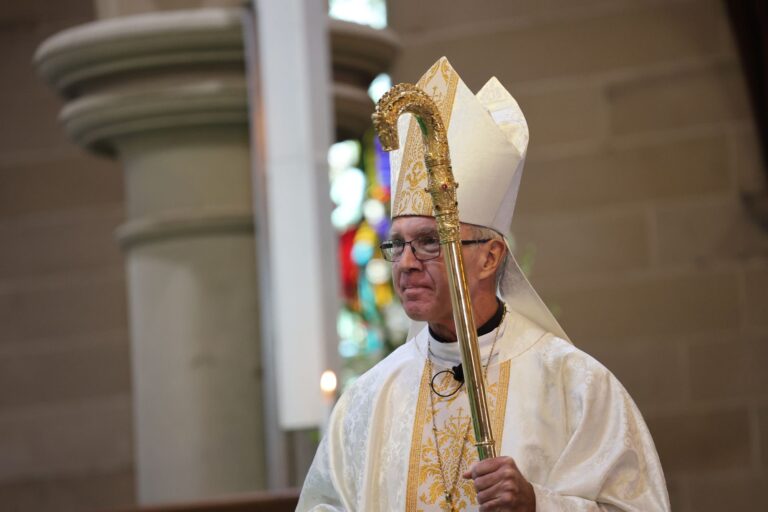 Image of Bishop Daniel Meagher with mitre and crosier at his installation Mass on 28th May.