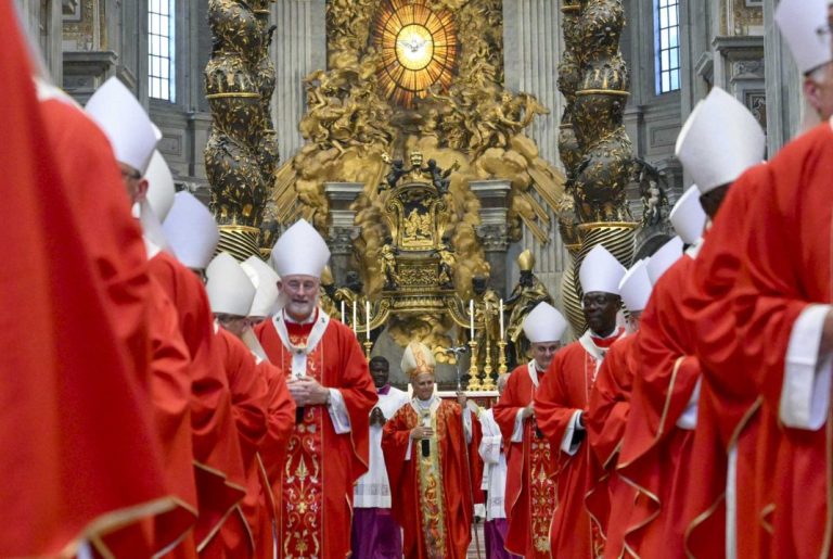 Symbolic: Prelates process after Pope Leo XIV celebrated Mass with the blessing and imposition of the pallium in St Peter’s Basilica. With Archbishop Shane MacKinlay visible among them.