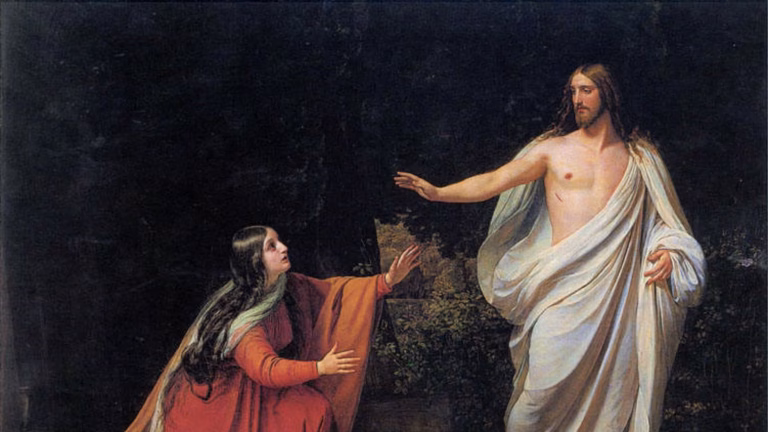 Painting of St Mary Magdalene approaching the Risen Christ.