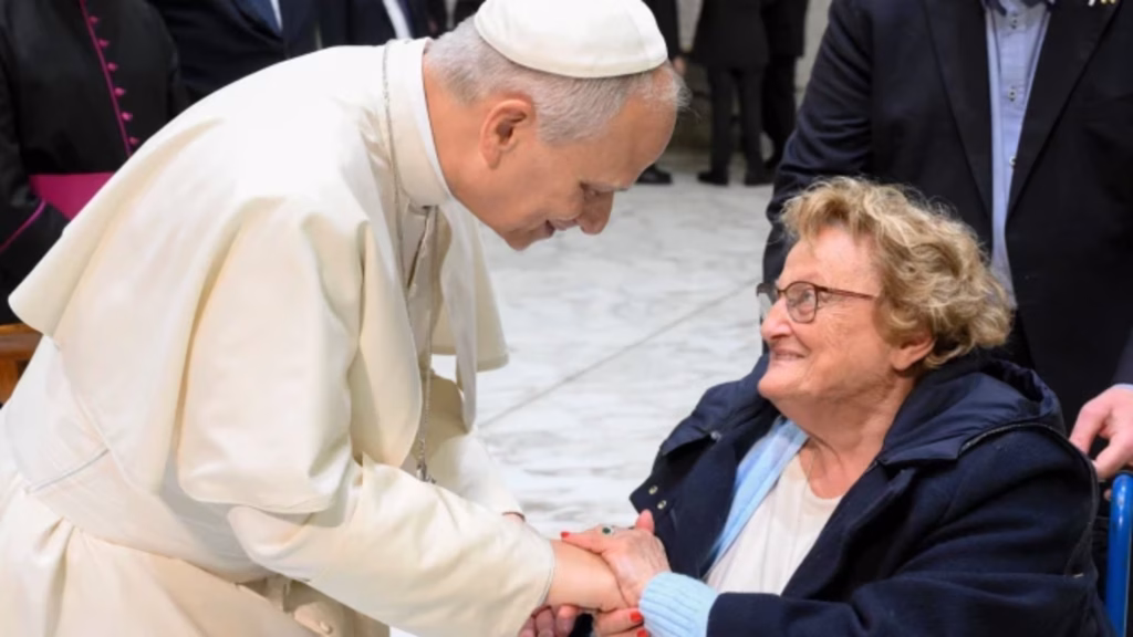 Pope Leo XIV with elderly woman at a General Audience to highlight World Day of Grandparents and Elderly