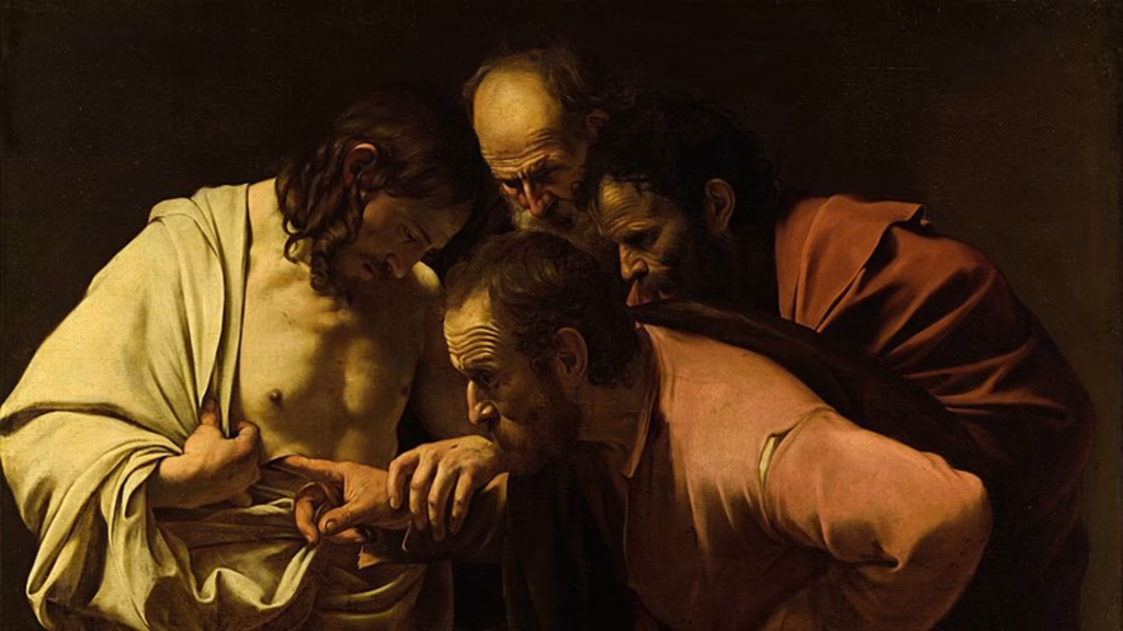 Artwork by Caravaggio of 4 men, 3 on the right are apostles and on the left foreground is Jesus with open wound and St Thomas placing his finger into the side of Christ with a startled look on his face.