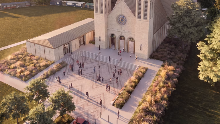 A design rendering shows the new Cathedral of the Blessed Sacrament in Christchurch, New Zealand, unveiled on July 26, 2026. | Credit: Warren and Mahoney/Catholic Diocese of Christchurch