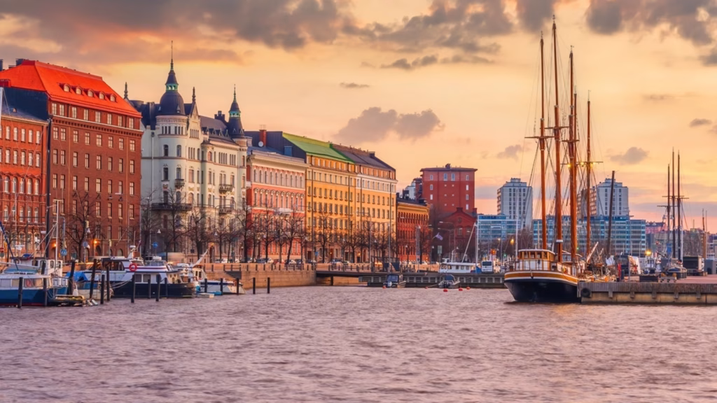 Helsinki Catholic School Finland harbour at sunset