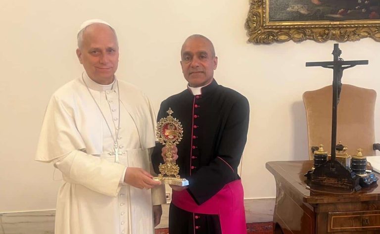 Monsignor Anthony Figueiredo with Pope Leo XIV and St Carlo Alcutis Relic